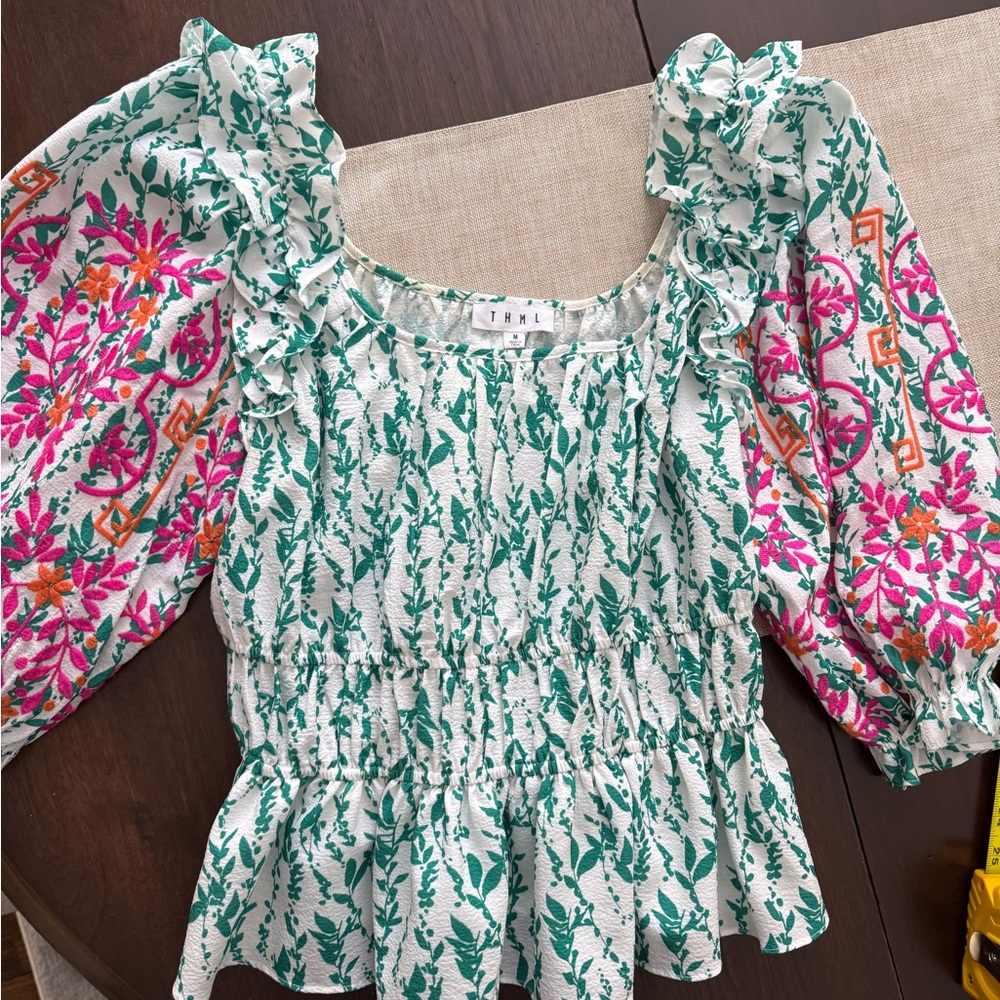 Thml medium Green White Floral Pink Embroidered Puff Sleeve Peplum Top- EUC